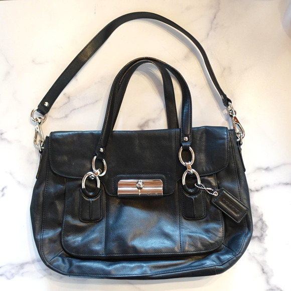 Coach Leather Shoulder Bag Satchel Womens Black Silver Hardware Turnlock 18277 - Picture 1 of 13